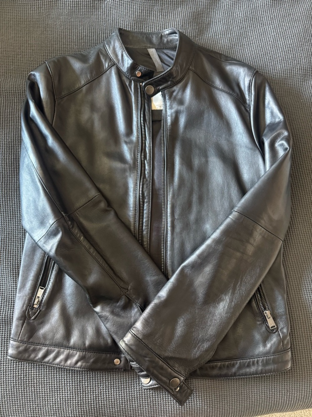 Mango Men's Black Leather Bomber with Snap Collar
